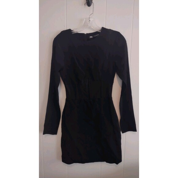 Zara Black Fitted Mesh Waist Long Sleeve Dress Size Small - Picture 1 of 8